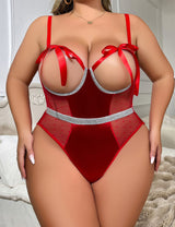 Women Plus Size Christmas Red Bow Cutout Mesh Teddy