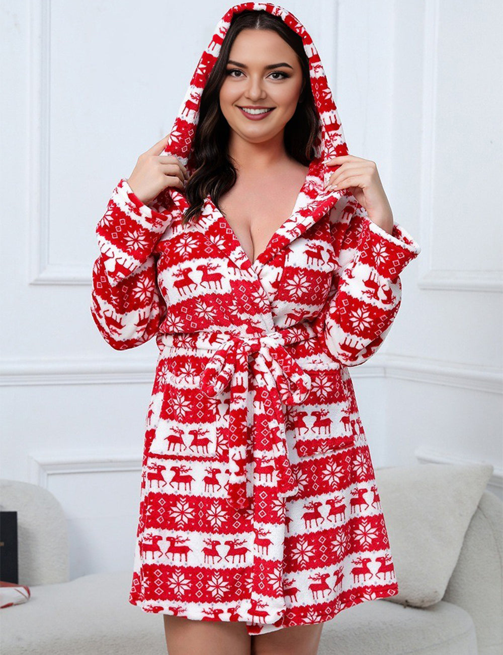 Women Plus Size Christmas Reindeer Flannel Robe