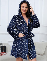 Women Plus Size Christmas Star Print Hooded Flannel Robe