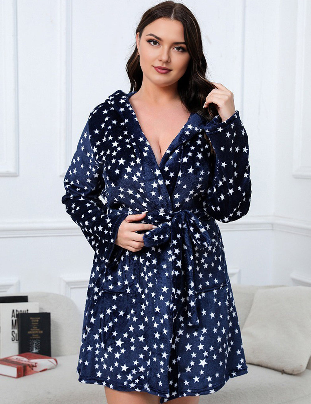 Women Plus Size Christmas Star Print Hooded Flannel Robe