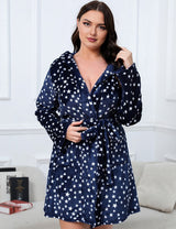 Women Plus Size Christmas Star Print Hooded Flannel Robe