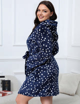 Women Plus Size Christmas Star Print Hooded Flannel Robe