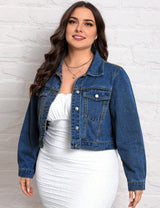 Women Plus Size Classic Blue Cropped Denim Jacket