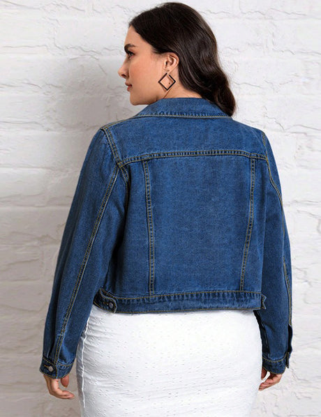 Women Plus Size Classic Blue Cropped Denim Jacket