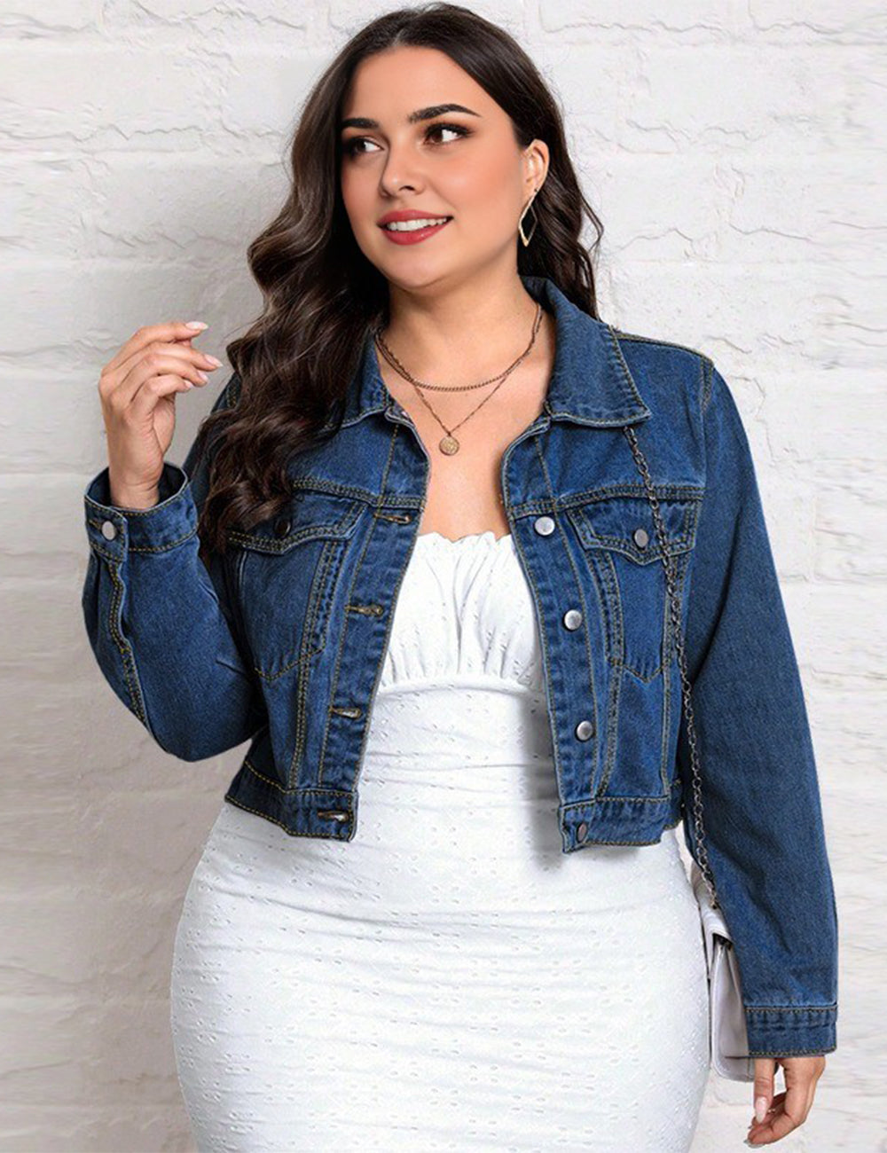 Women Plus Size Classic Blue Cropped Denim Jacket