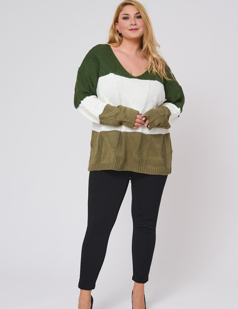 Women Plus Size Color Block Long Sleeve Sweater