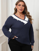 Women Plus Size Color Block V-Neck Sweater