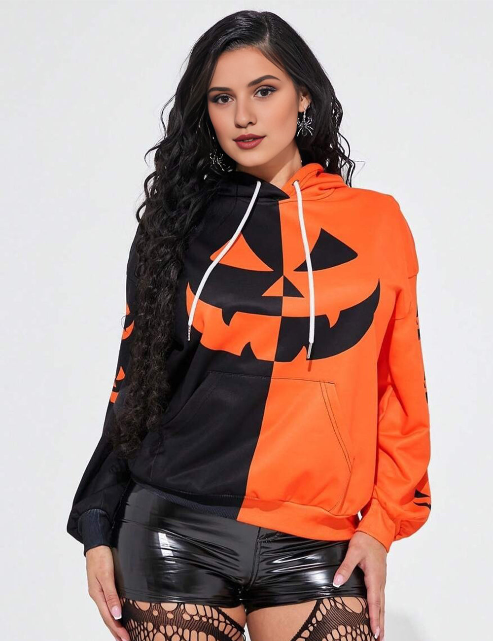 Women Plus Size Contrast Color Long Sleeve Halloween Hoodie
