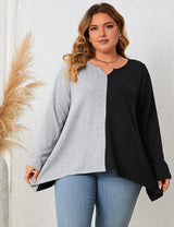 Women Plus Size Contrast Notched Neck Long Sleeve T-Shirt