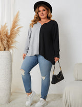 Women Plus Size Contrast Notched Neck Long Sleeve T-Shirt