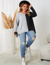 Women Plus Size Contrast Notched Neck Long Sleeve T-Shirt