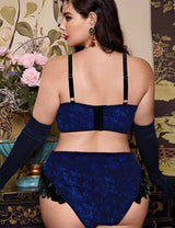 Women Plus Size Contrast Velvet Lace Underwire Bra Set