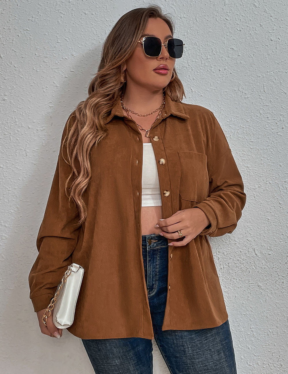 Women Plus Size Corduroy Long-Sleeved Shirt | PRUSES-5