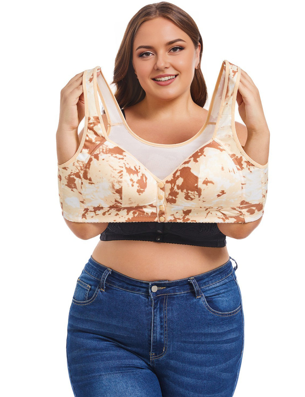 Women Plus Size Creative Print Front Button Bra