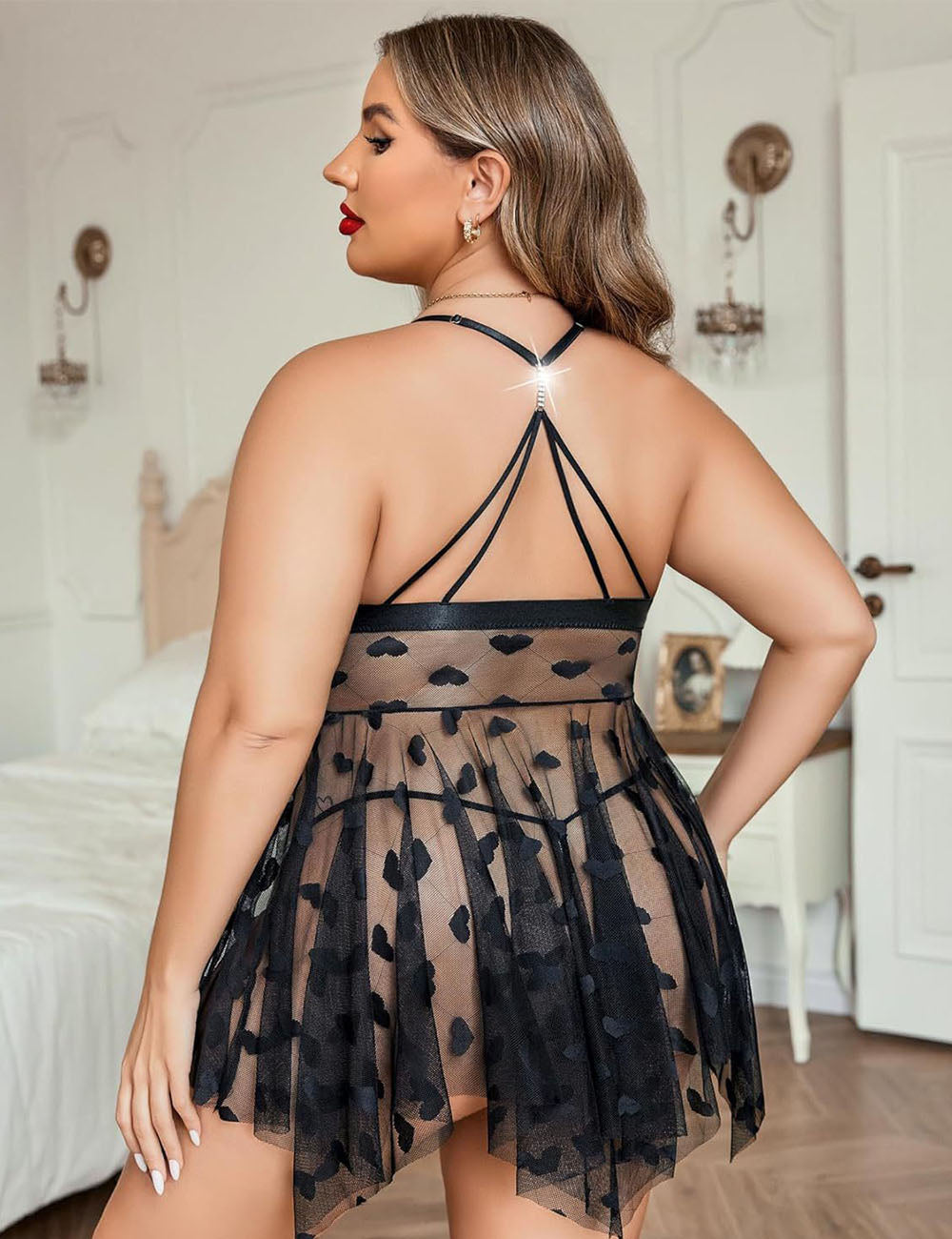 Women Plus Size Cross Lace See-through Sexy Babydoll-1