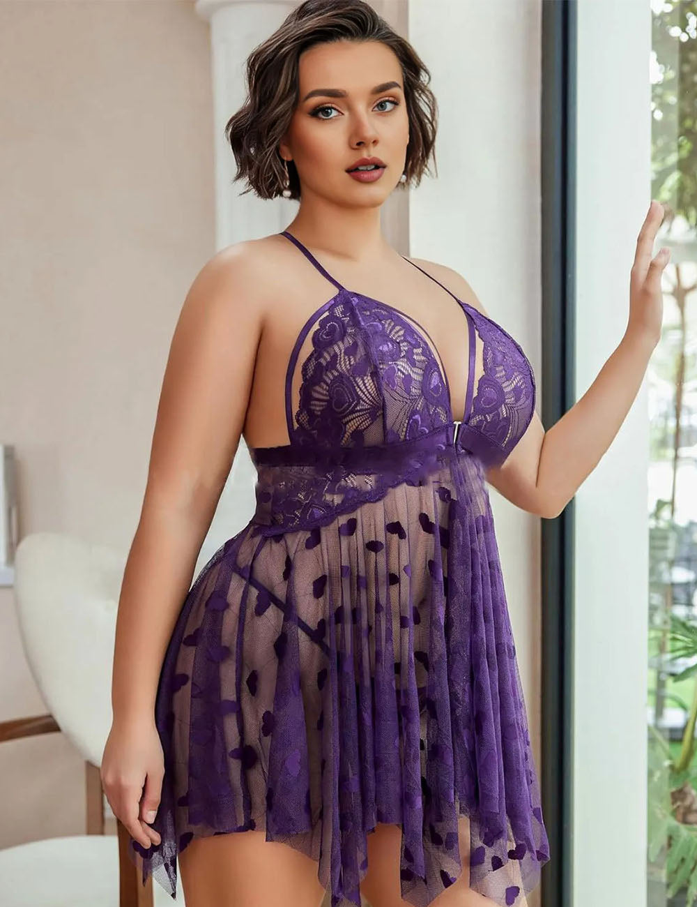 Women Plus Size Cross Lace See-through Sexy Babydoll-2