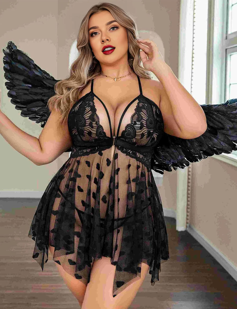 Women Plus Size Cross Lace See-through Sexy Babydoll