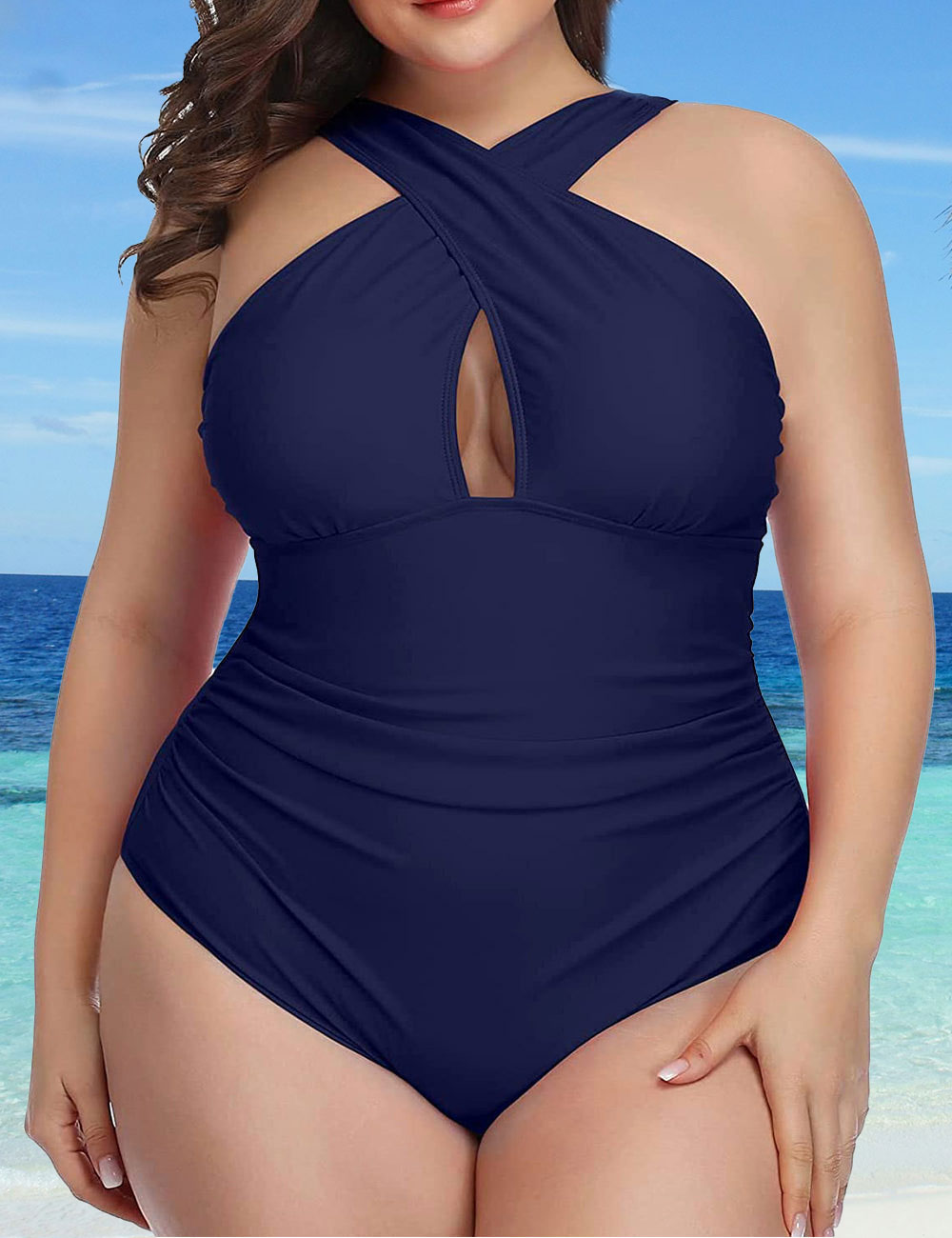 Women Plus Size Cross One Piece Swimsuit Tummy Control Keyhole Swimsuit-1