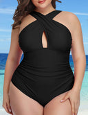 Women Plus Size Cross One Piece Swimsuit Tummy Control Keyhole Swimsuit