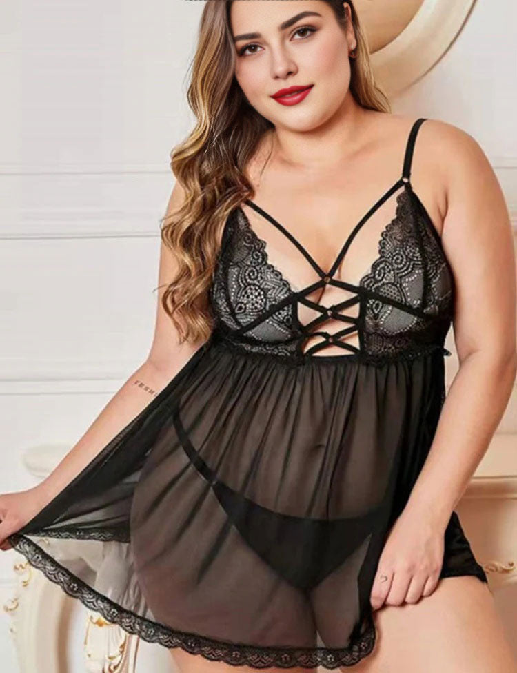 Women Plus Size Crossover V Neck Suspender Dress Sexy Pajamas-1