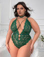 Women Plus Size Dark Green Halter Lace Bodysuit-5