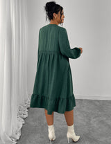 Women Plus Size Dark Green Long Sleeve Boho Midi Dress