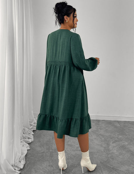 Women Plus Size Dark Green Long Sleeve Boho Midi Dress