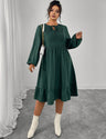 Women Plus Size Dark Green Long Sleeve Boho Midi Dress