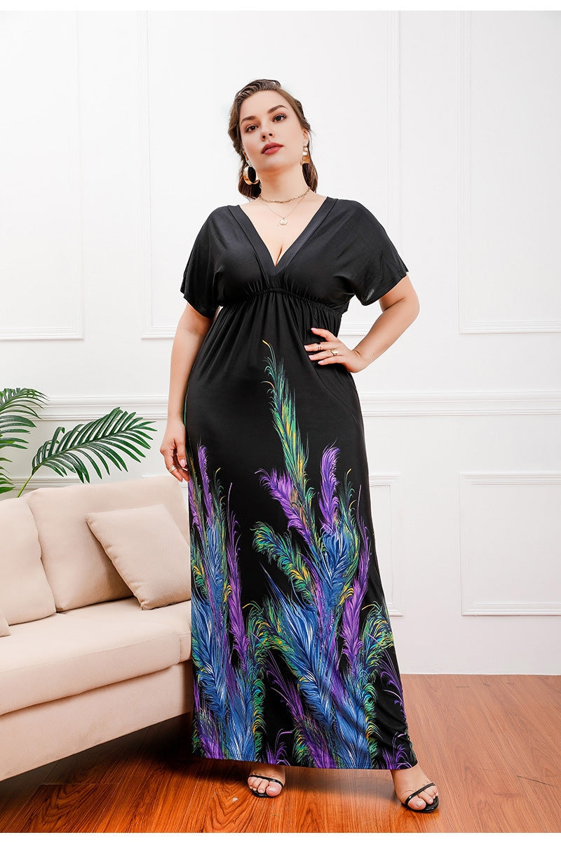 Women Plus Size Deep V-neck Elastic Waist Slimming Dress-2