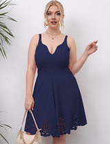 Women Plus Size Deep V Backless Sling Flower Hollow Dress-1