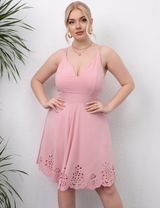 Women Plus Size Deep V Backless Sling Flower Hollow Dress-2