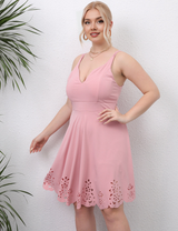 Women Plus Size Deep V Backless Sling Flower Hollow Dress-4