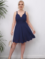 Women Plus Size Deep V Backless Sling Flower Hollow Dress-5