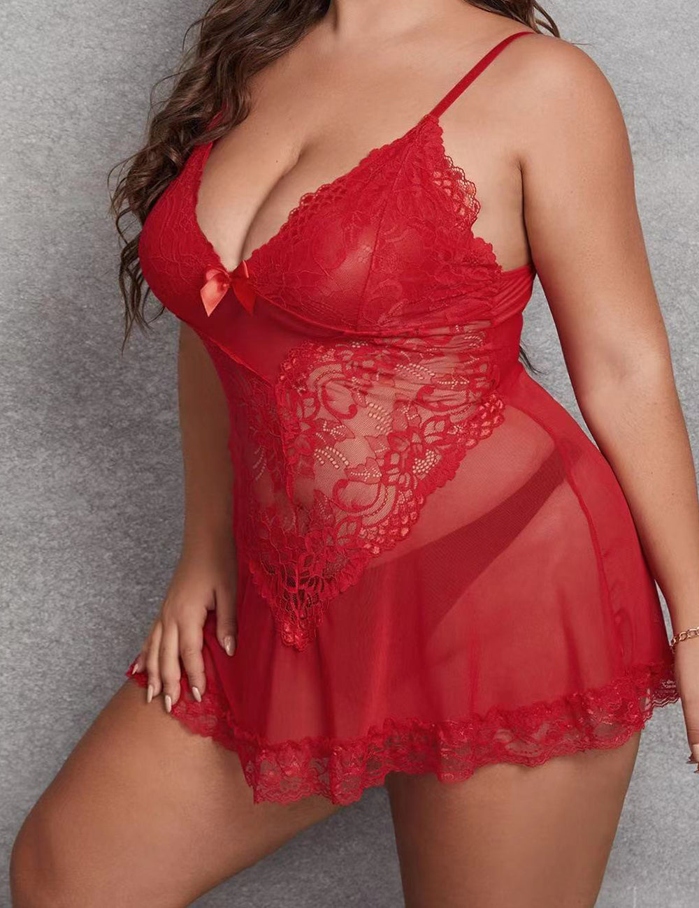 Women Plus Size Deep V Neck Soft Lace Sexy Sheer Mesh Babydoll-1-7
