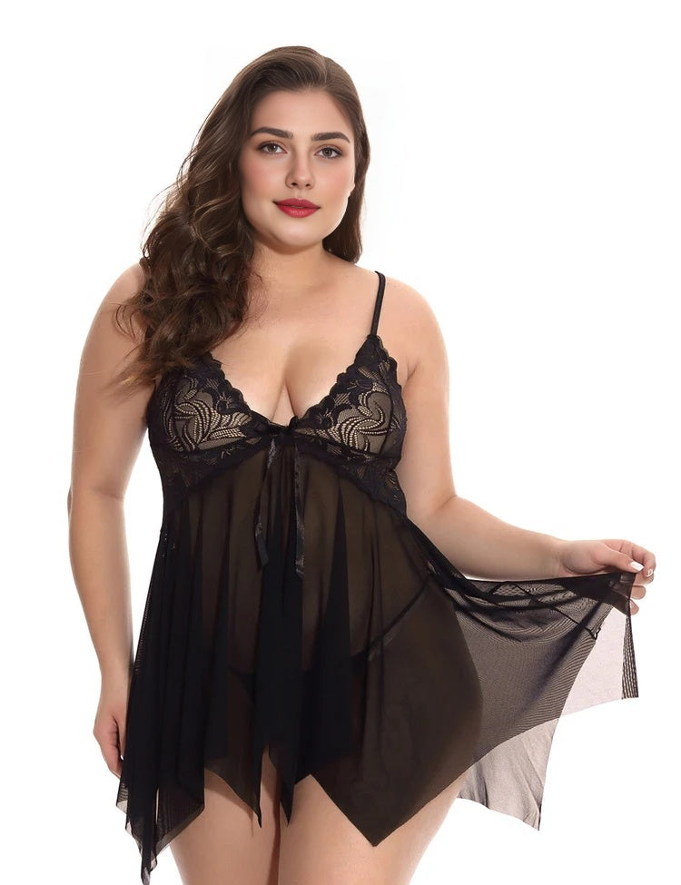 Women Plus Size Deep V Neck Soft Lace Sexy Sheer Mesh Babydoll-15