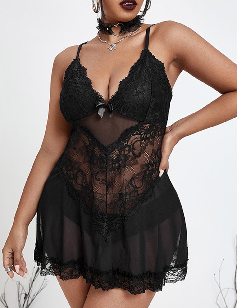 Women Plus Size Deep V Neck Soft Lace Sexy Sheer Mesh Babydoll-2-7