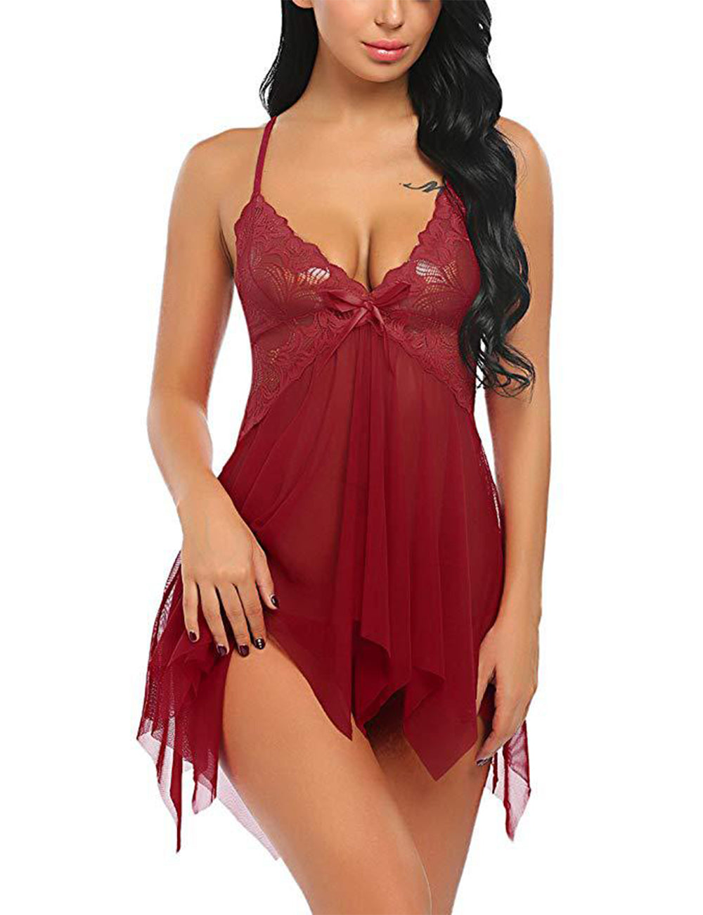 Women Plus Size Deep V Neck Soft Lace Sexy Sheer Mesh Babydoll-2