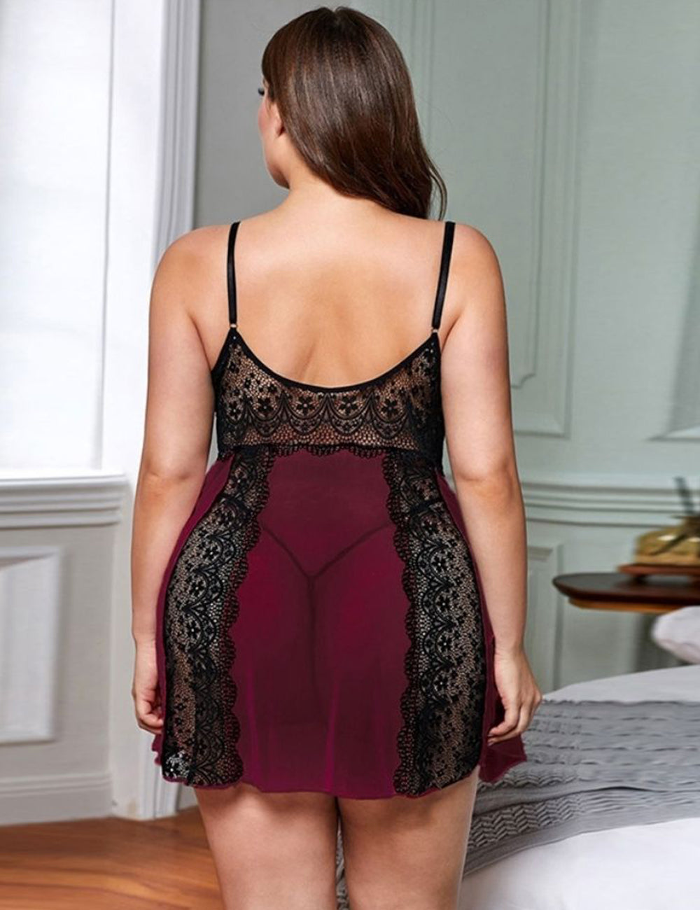 Women Plus Size Deep V Sling Lace Babydoll-2