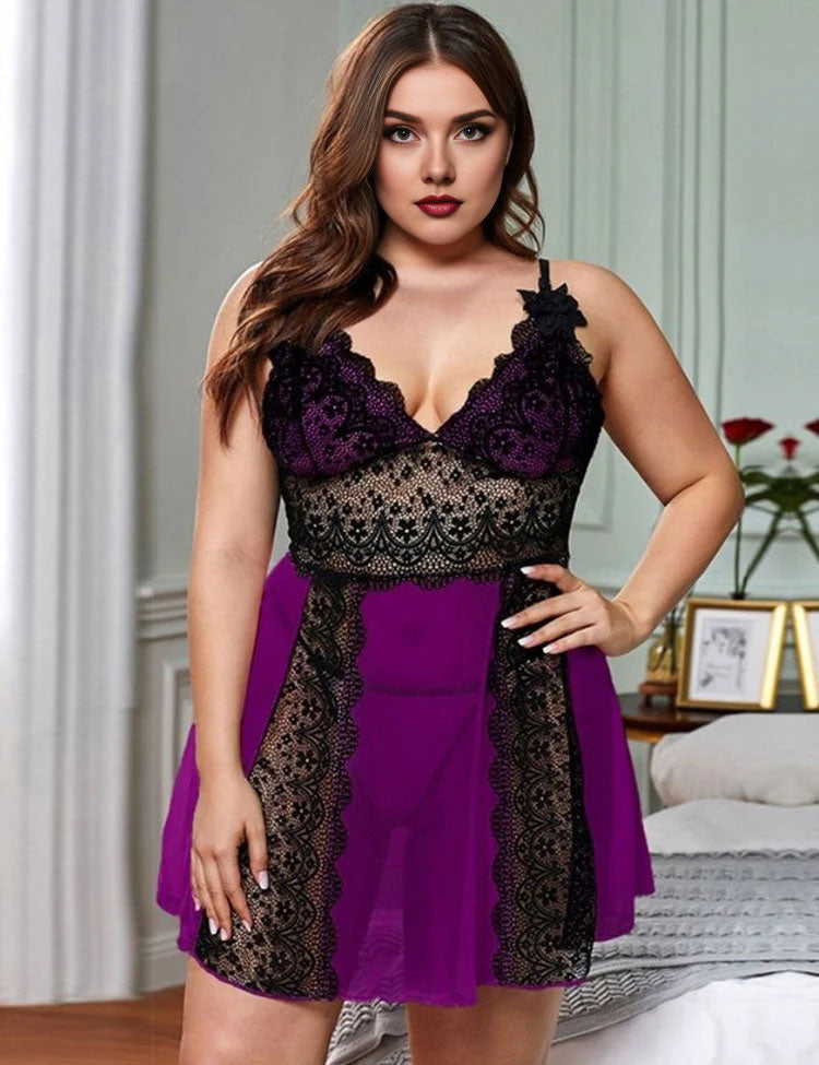 Women Plus Size Deep V Sling Lace Babydoll-3
