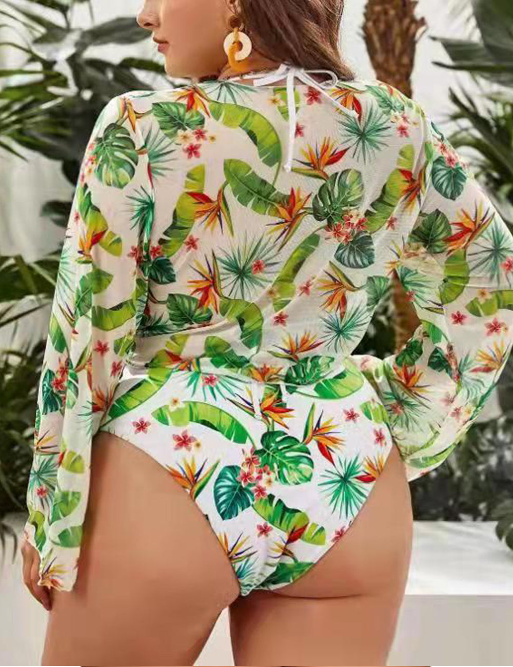Women Plus Size Digital Printing Long Sleeve Sun Protection Swimsuit-1