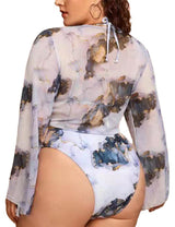 Women Plus Size Digital Printing Long Sleeve Sun Protection Swimsuit-4