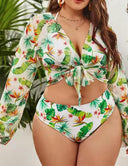 Women Plus Size Digital Printing Long Sleeve Sun Protection Swimsuit