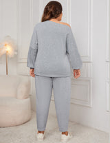 Women Plus Size Drop Shoulder Casual Sweatshirt and Pants Set