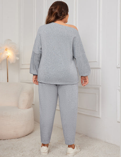 Women Plus Size Drop Shoulder Casual Sweatshirt and Pants Set