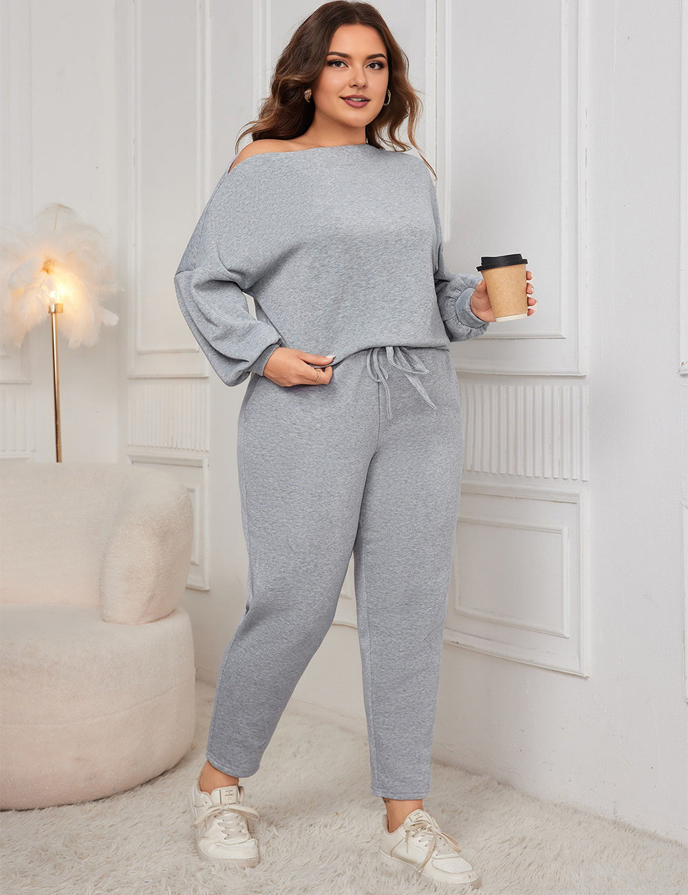 Women Plus Size Drop Shoulder Casual Sweatshirt and Pants Set