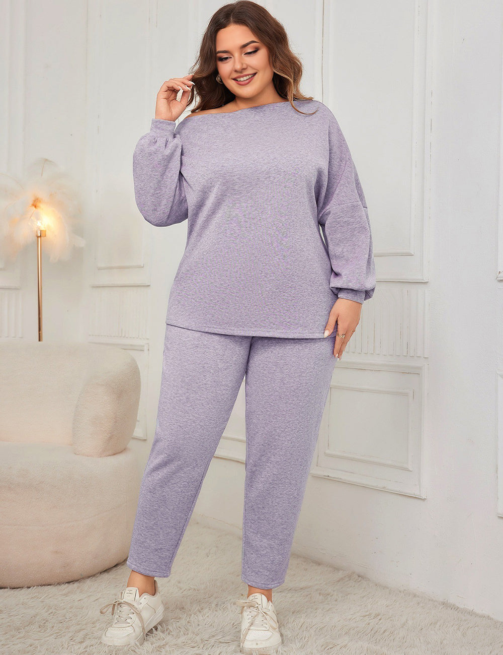 Women Plus Size Drop Shoulder Casual Sweatshirt and Pants Set