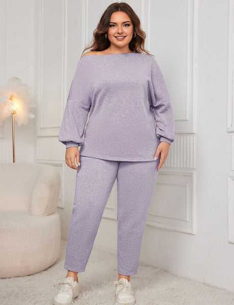 Women Plus Size Drop Shoulder Casual Sweatshirt and Pants Set