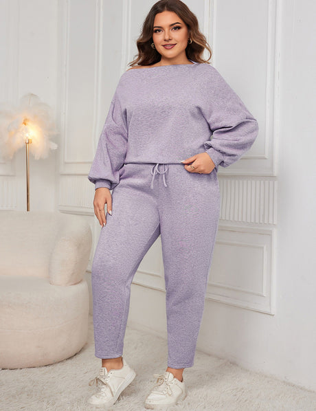 Women Plus Size Drop Shoulder Casual Sweatshirt and Pants Set