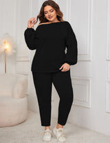Women Plus Size Drop Shoulder Casual Sweatshirt and Pants Set