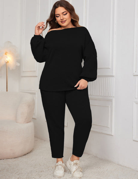 Women Plus Size Drop Shoulder Casual Sweatshirt and Pants Set